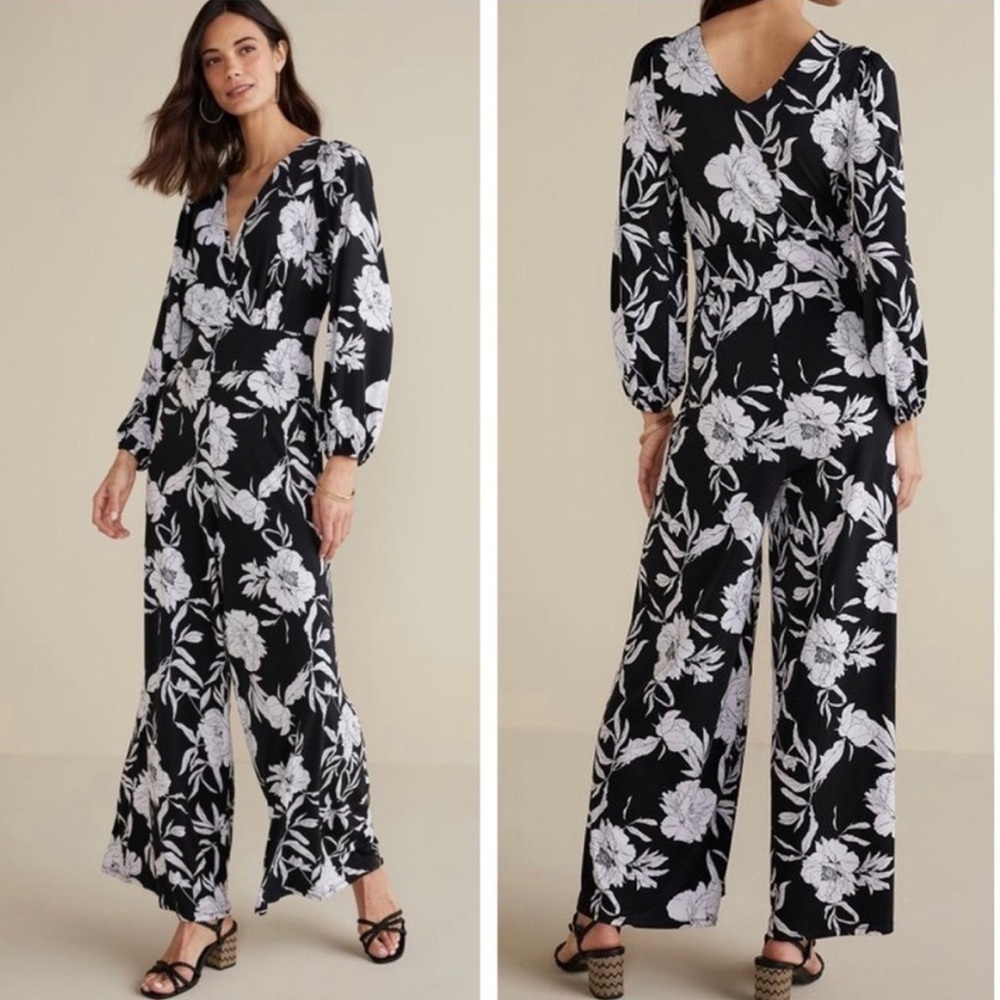 Soft Surroundings Penelope Long Sleeve Jumpsuit Black White Floral 3X T2